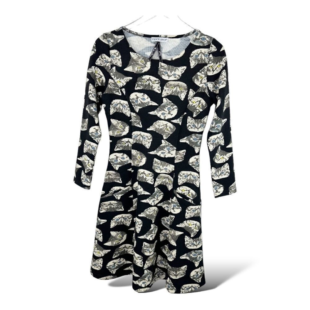 Long Sleeve Black Knit Cat w/Pockets Full Skirt Dress Frock Shop Modcloth XS
